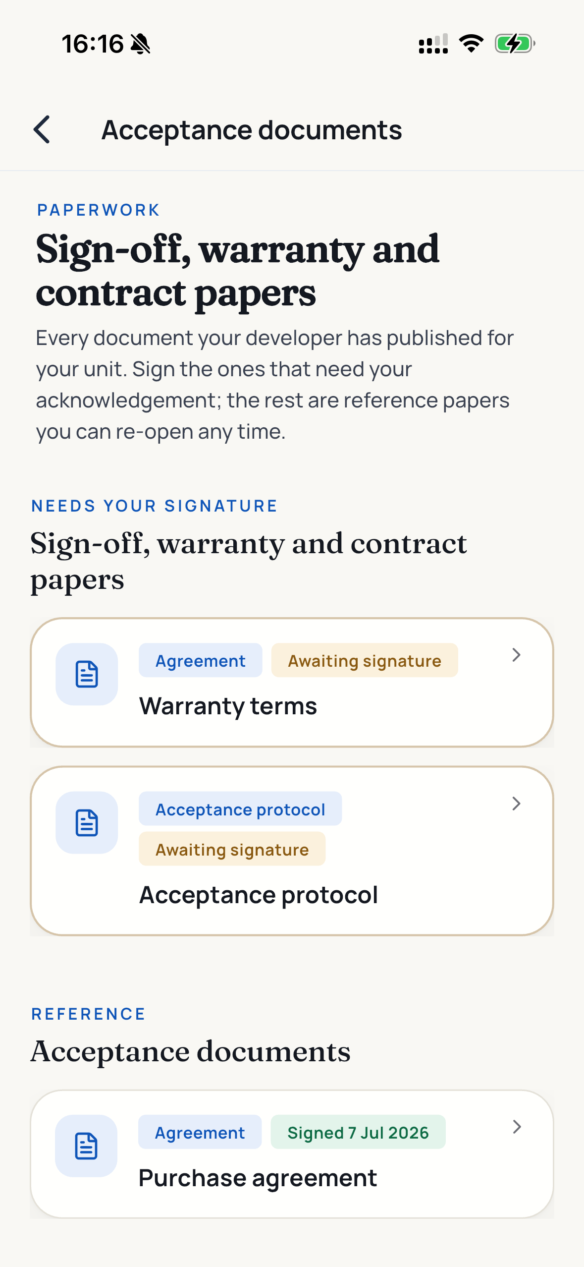 Signing the acceptance protocol and warranty terms on handover day