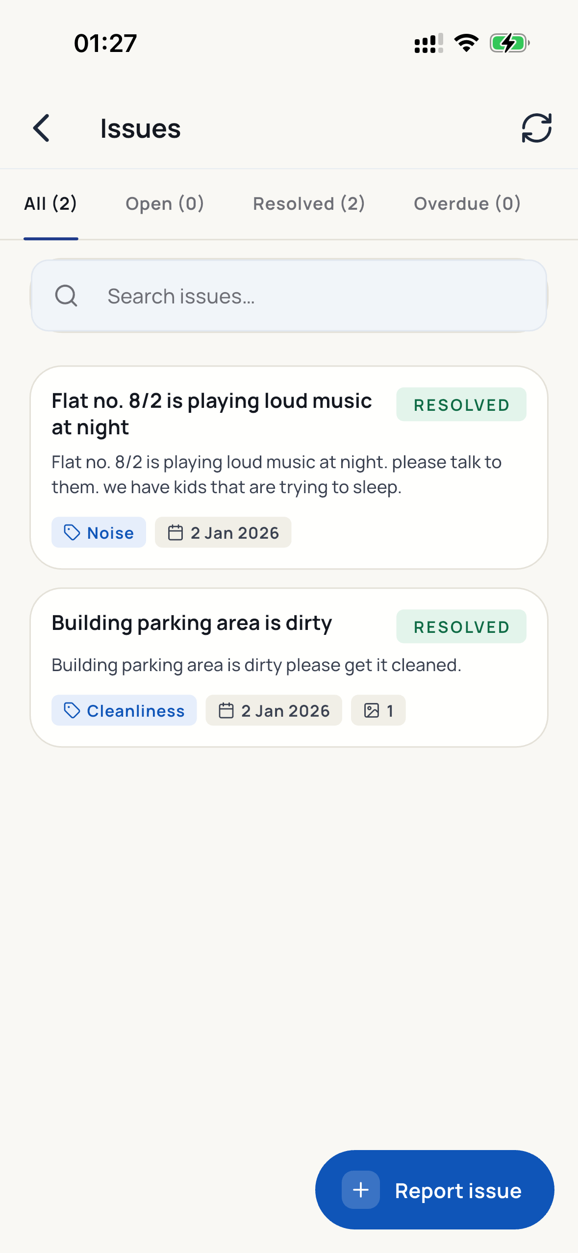 Community issue tracker showing resolved noise and cleanliness complaints