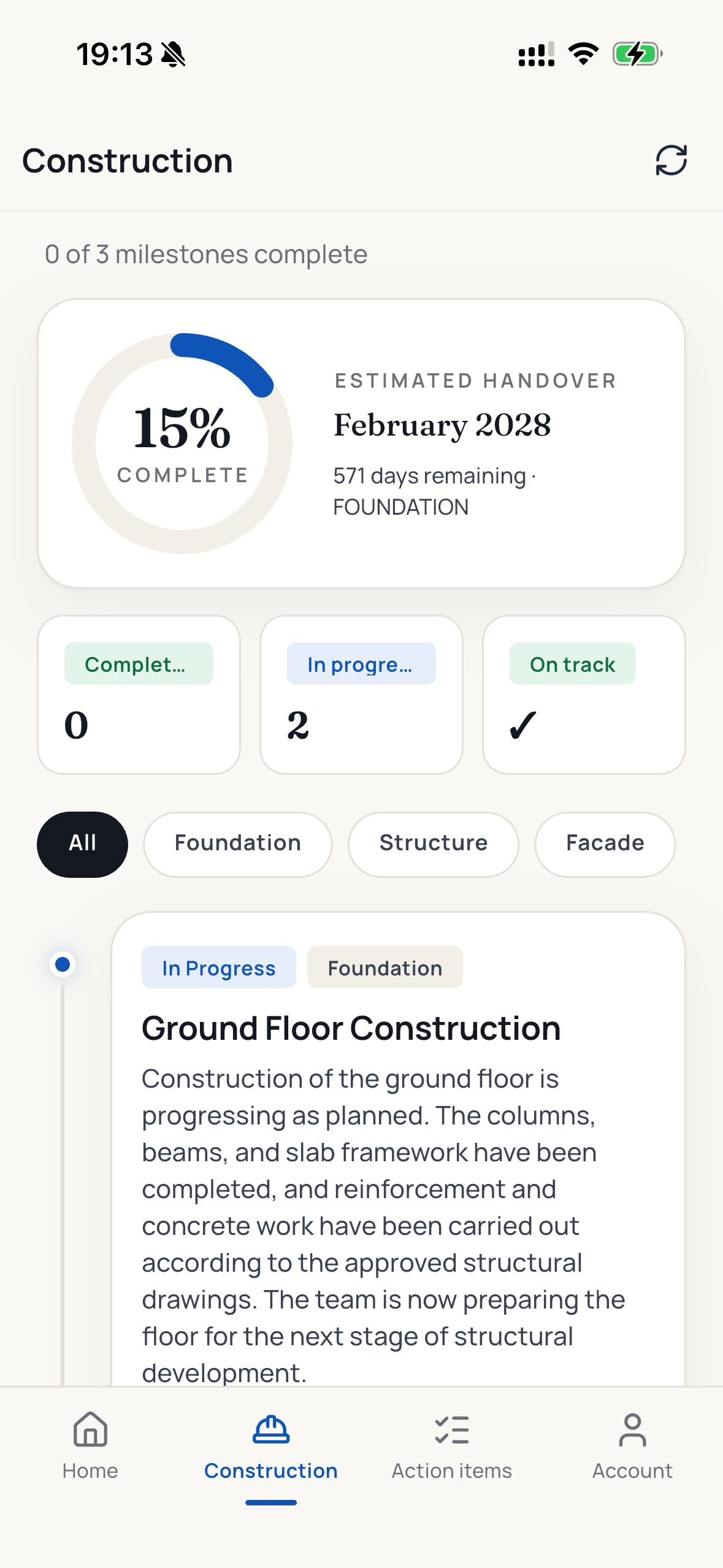 Construction milestone timeline at 15% complete, foundation stage
