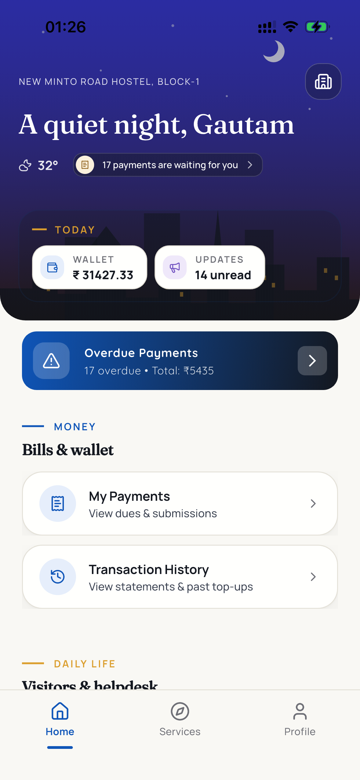 Resident app home screen showing wallet balance and overdue payments, years into occupancy