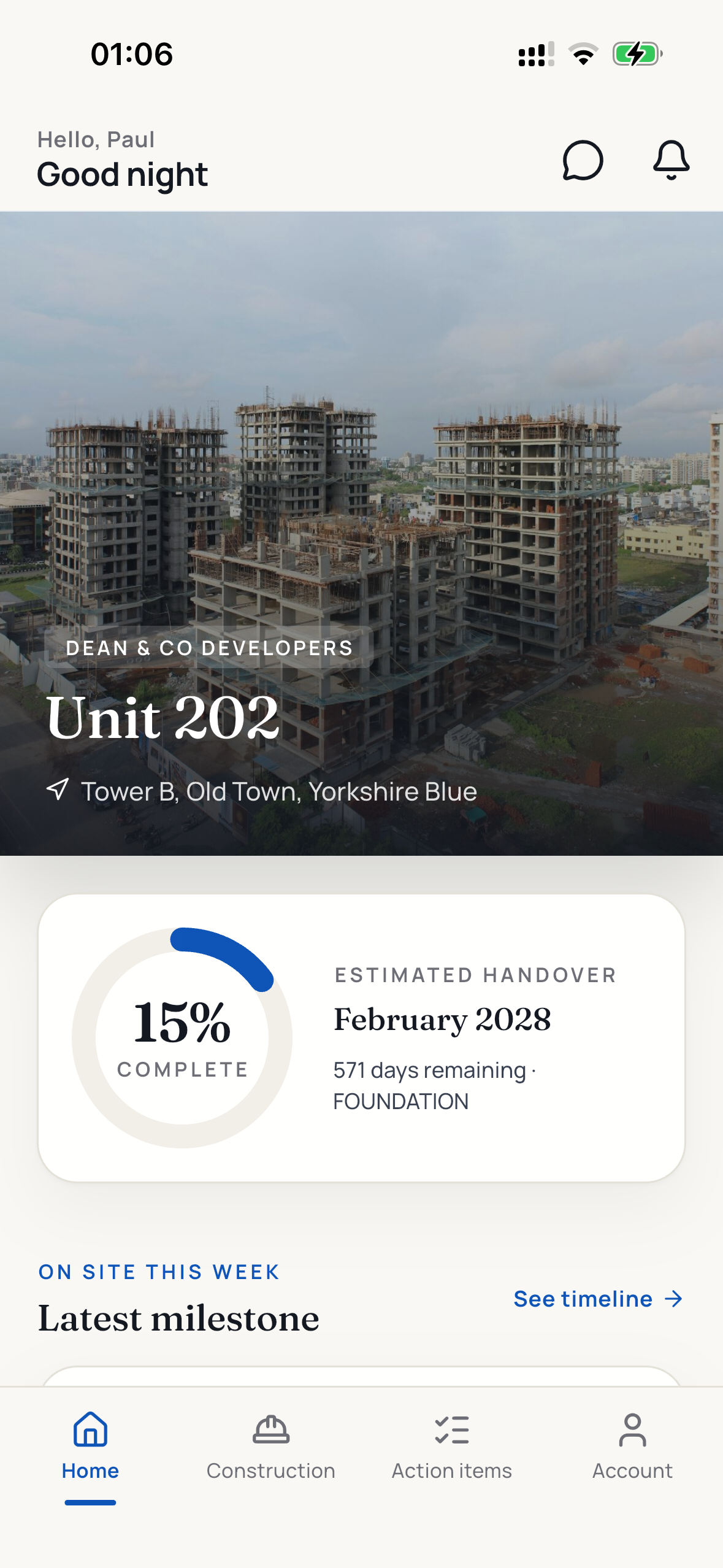 Buyer home screen showing the live construction photo and handover countdown
